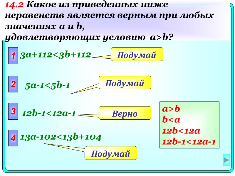 1 3a+112<3b+112 2 3 4 Подумай Подумай Верно Подумай 5a-1<5b-1 12b-1<12a-1 13a-102<13b+104 14.2 Какое